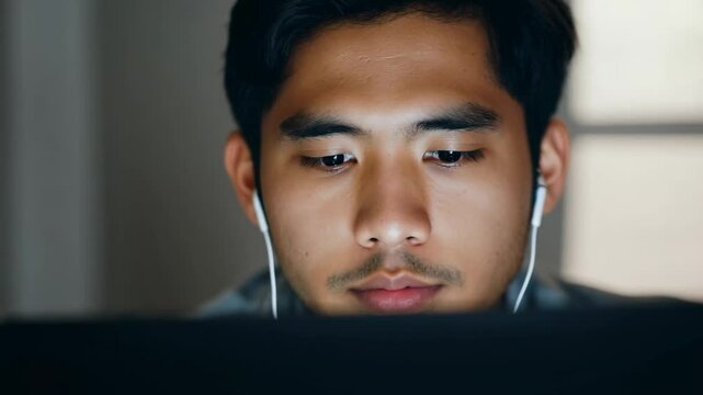 Asian young man with earphones in front of laptop at home. Online education. A young man listens closely to his online lessons, earphones enhancing his learning.