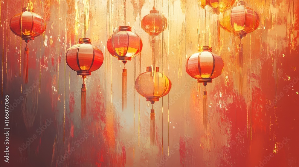 Poster artistic blend of lantern shapes with gold streaks and soft red gradients creating a festive abstrac