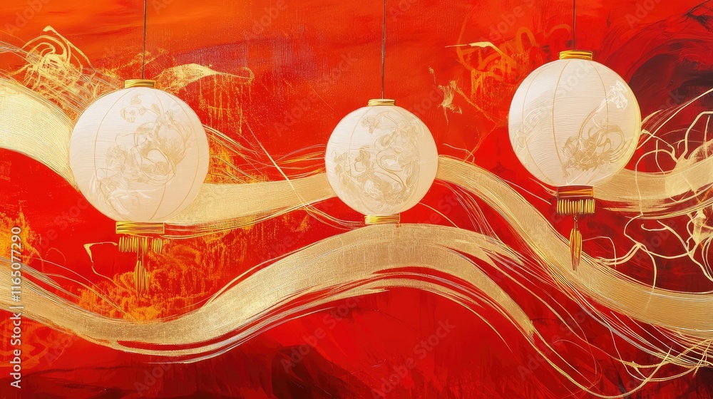 Fototapete artistic fusion of chinese lantern shapes with swirling golden trails on a bold red abstract backdro