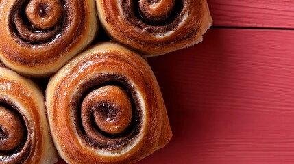 A bunch of cinnamon buns sitting on top of a red table
