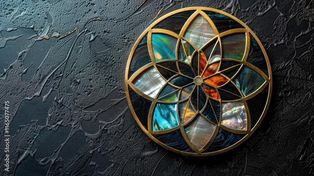 Poster decorative circular design featuring a floral pattern with iridescent colors on a textured backgroun