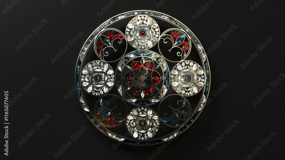 Poster a decorative circular design featuring intricate patterns and colored elements.