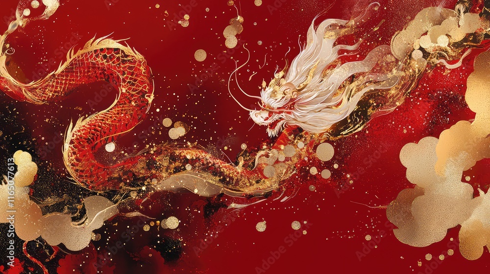Fototapete artistic fusion of traditional red and gold elements with shimmering abstract details for lunar new 
