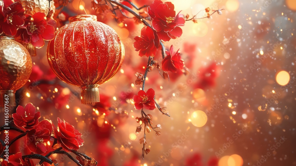 Fototapete artistic fusion of traditional red and gold elements with shimmering abstract details for lunar new 
