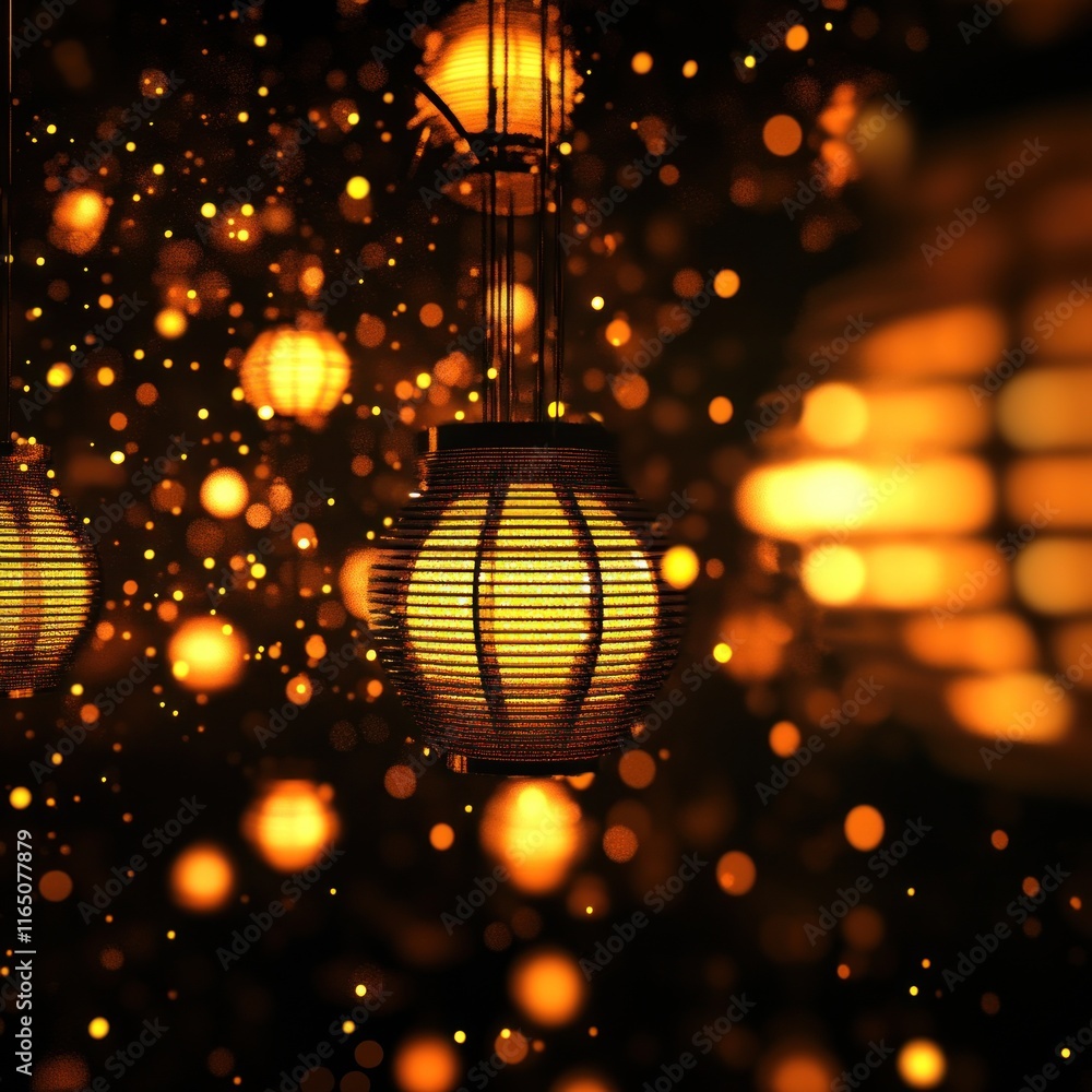 Poster illuminated paper lanterns glowing in the dark with bokeh lights.