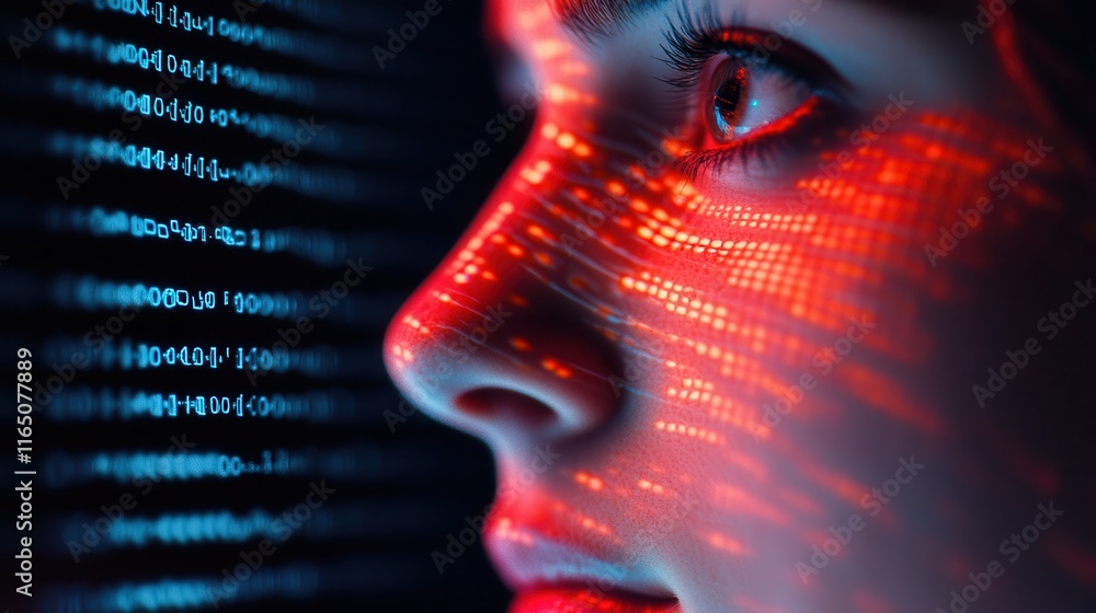Poster a close-up of a person's face illuminated by digital data patterns, creating a striking interplay of