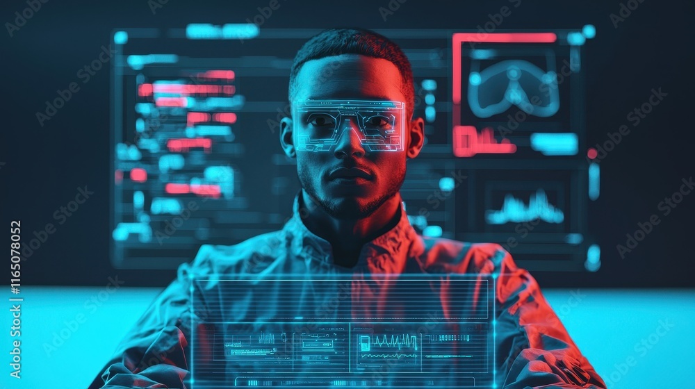 Poster a focused individual engages with futuristic technology, surrounded by digital data displays and vis