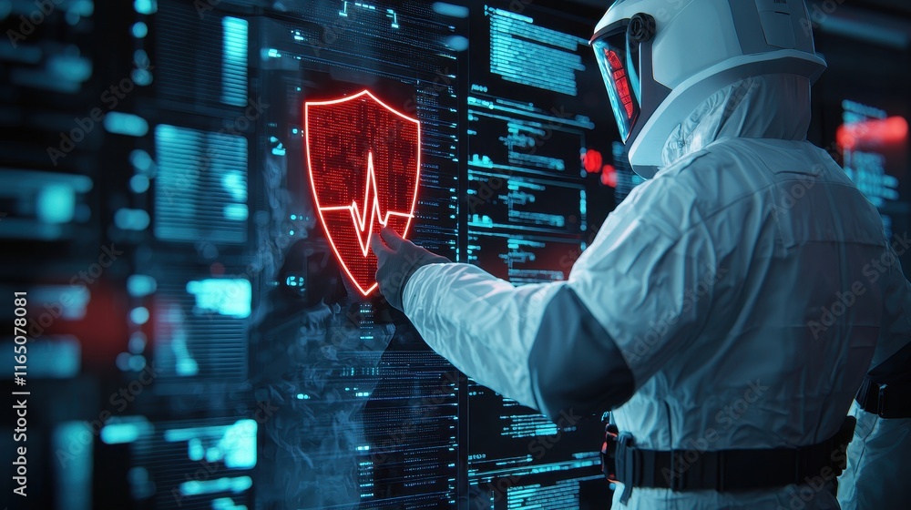 Poster a futuristic setting where a figure in a spacesuit interacts with a glowing shield symbol on a digit