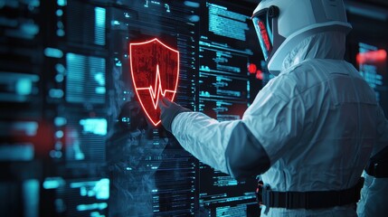 A futuristic setting where a figure in a spacesuit interacts with a glowing shield symbol on a digital interface, emphasizing cybersecurity and technology.