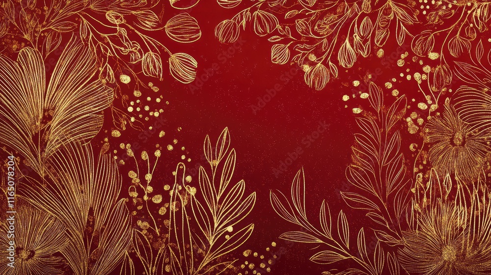 Poster artistic hand-drawn new year design blending intricate red linework with soft golden accents for a f
