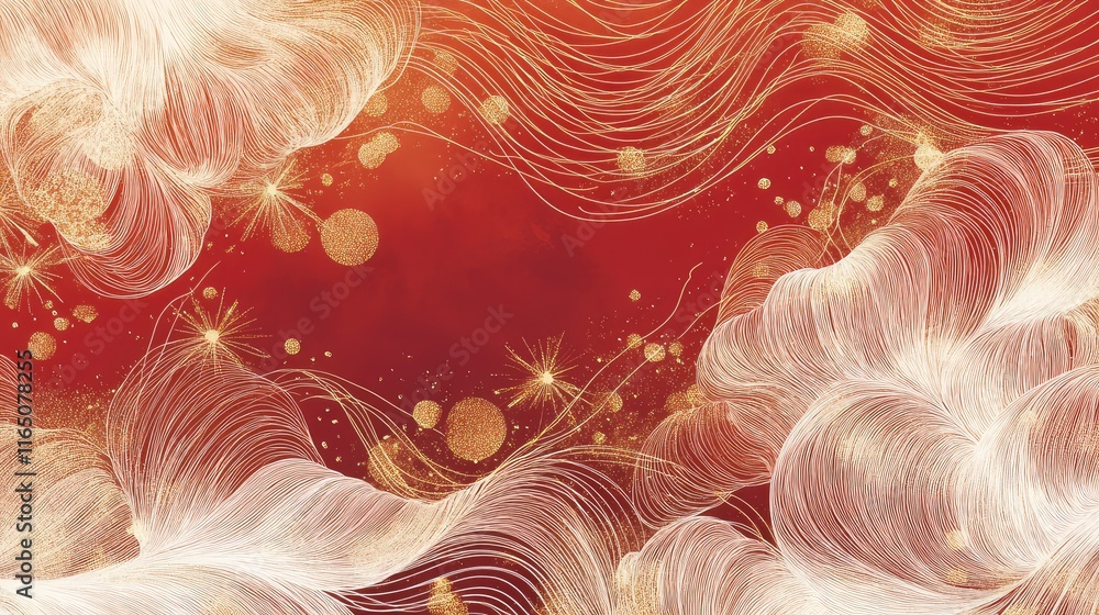 Poster artistic hand-drawn new year design blending intricate red linework with soft golden accents for a f