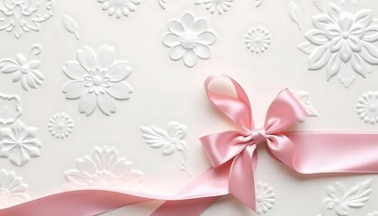 Pink Ribbon Bow on White Embossed Floral Background