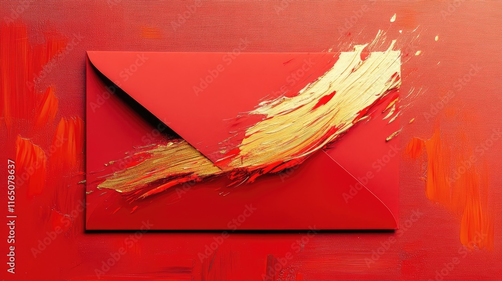 Aufkleber artistic red envelope design with abstract brushstrokes in red and gold, symbolizing joy and abundan