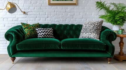 Emerald green velvet sofa with pillows in a bright living room.