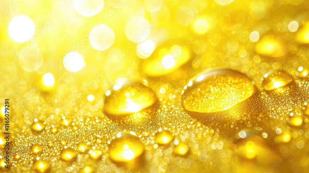 Poster droplets abstract background idea. close-up of sparkling golden droplets on a vibrant, shimmering ba