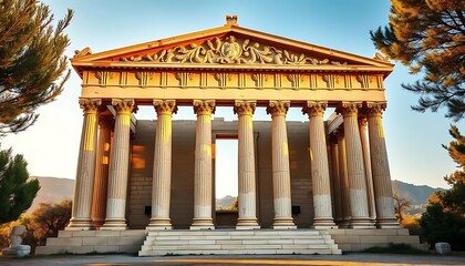 Obraz premium Golden Temple Columns Majestic Sunrise Setting