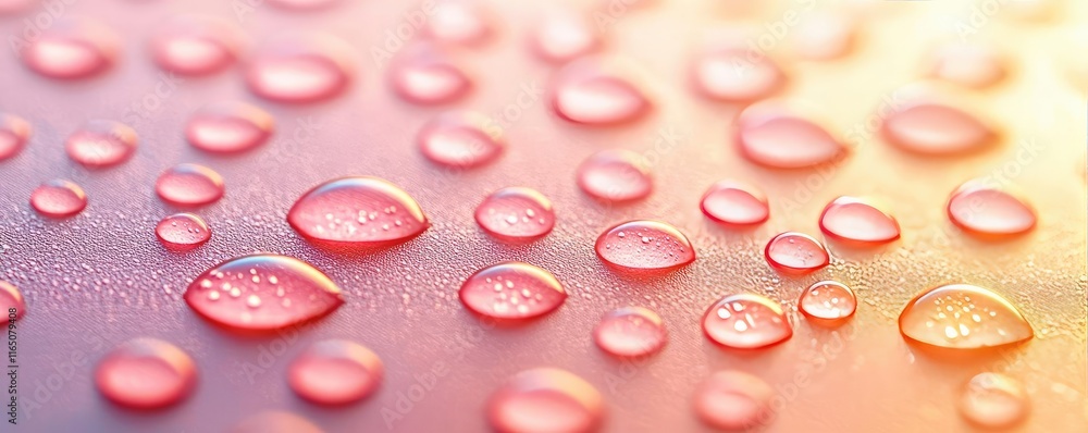 Aufkleber Droplets abstract background idea. Close-up of colorful water droplets on a surface reflecting soft light.