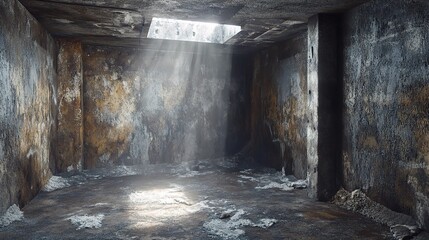 Dimly Lit Underground Concrete Basement with Filtering Daylight