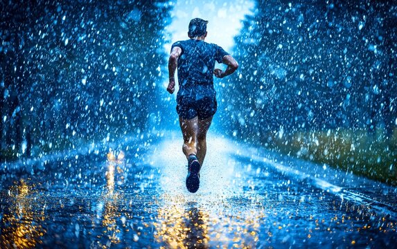 Determined runner in heavy rain on road.