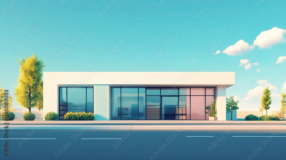 Poster modern storehouse architecture with clean lines and open space