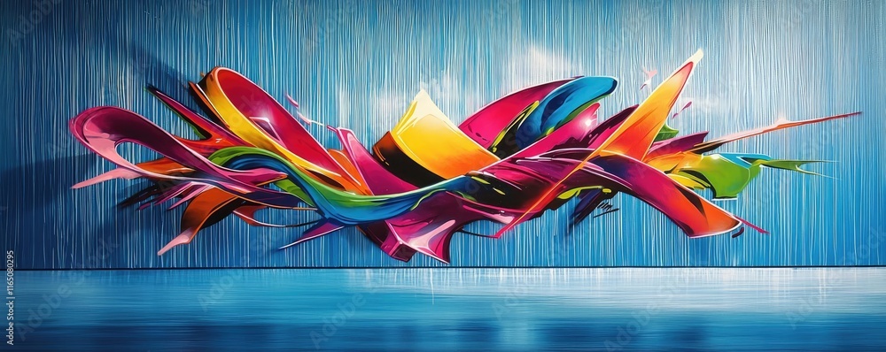 Poster graffiti abstract background concept. vibrant abstract art with colorful waves on a blue textured ba
