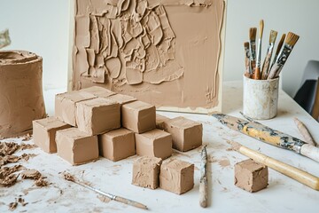 An isolated clay block studio on white highlights an artist's workspace with organized clay blocks, sculpting tools, and a textured backdrop, celebrating creativity and craftsmanship.