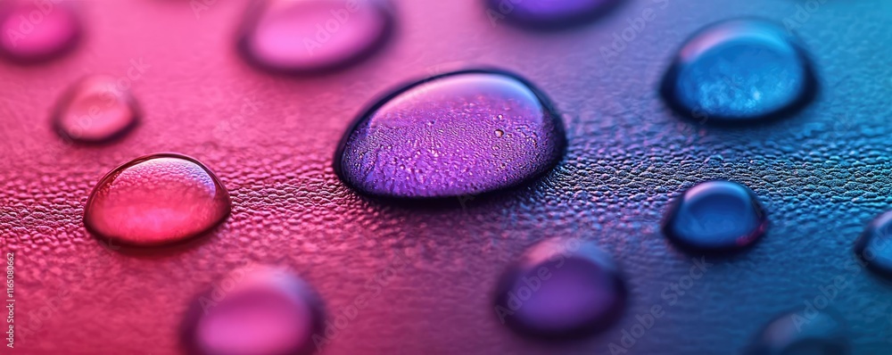 Poster Droplets abstract background idea. Close-up of colorful water droplets on a vibrant surface, showcasing intricate patterns.