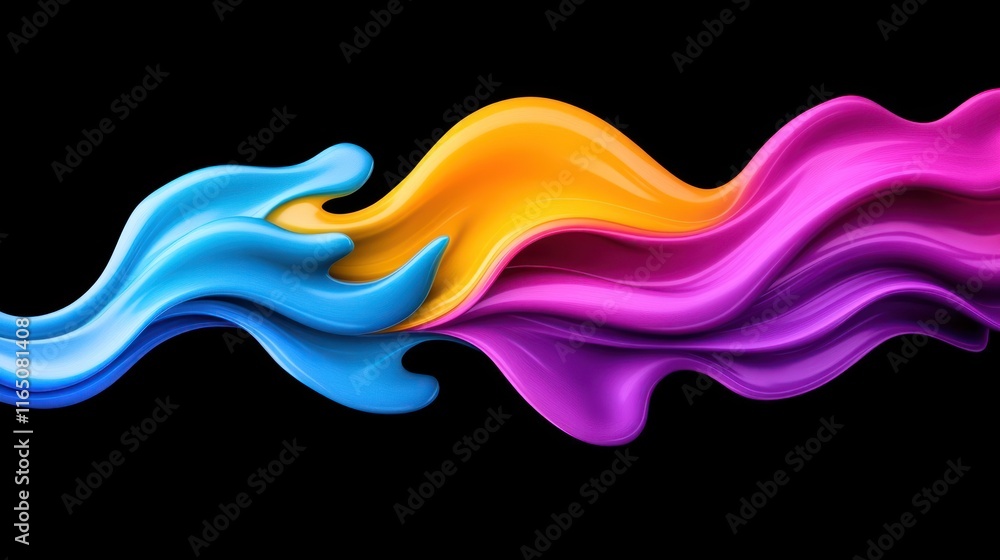 Poster abstract colorful wave design with flowing shapes on a black background.