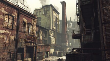 Weathered Industrial Exterior with Aged Buildings and Smokestacks