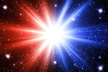 Naklejka premium A vibrant explosion of red and blue light against a starry background, evoking a cosmic energy and mystery.