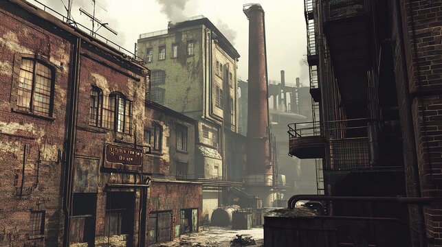 Weathered Industrial Exterior with Aged Buildings and Smokestacks