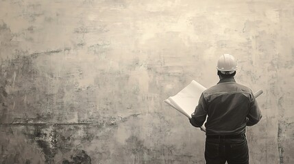 Engineer with Hard Hat Standing on Site Holding Survey Plans