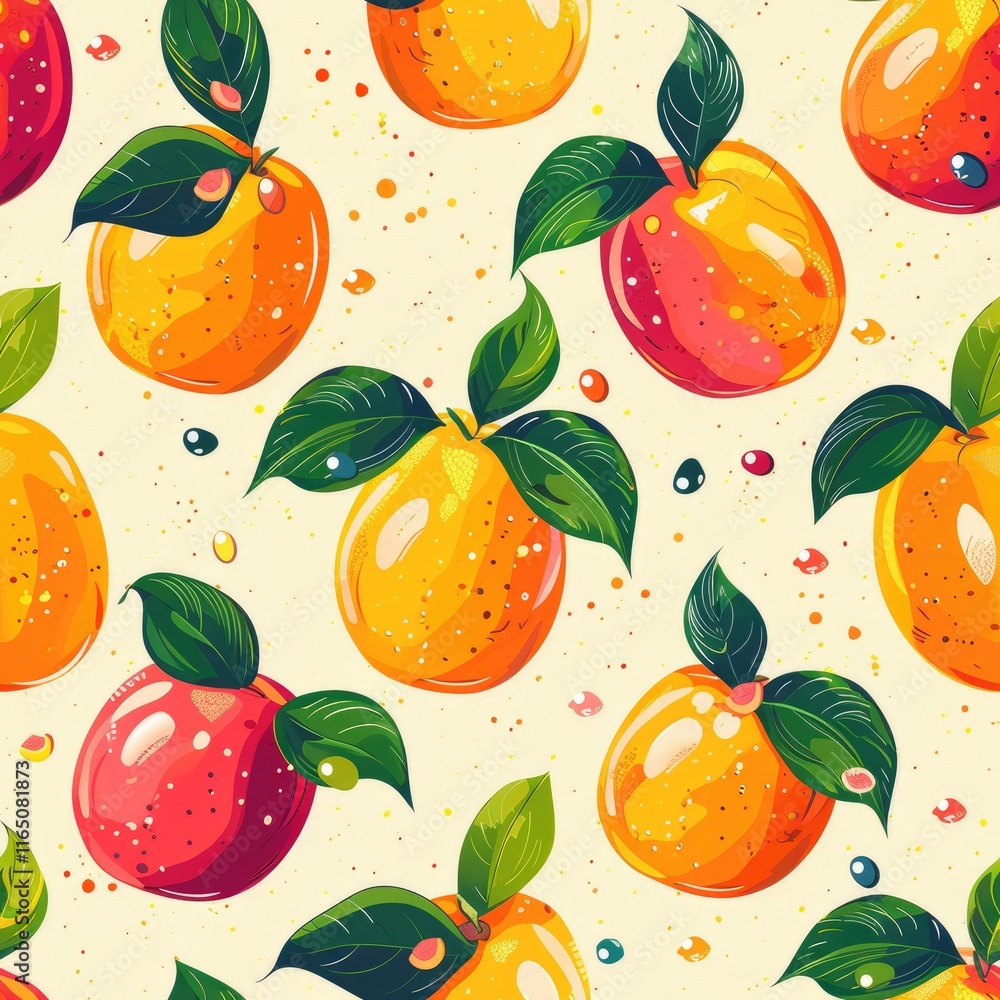 Poster a colorful pattern featuring oranges and apples with leaves on a light background.