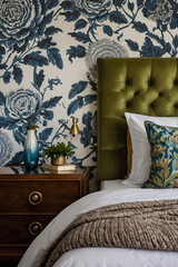 Bedroom Interior with Green Headboard and Blue Floral Wallpaper