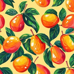 A vibrant pattern featuring ripe oranges and leaves on a yellow background.