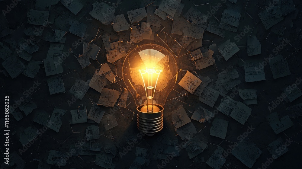 Poster brainstorming ideas and mind-mapping concepts in a dark environment with a bright light bulb