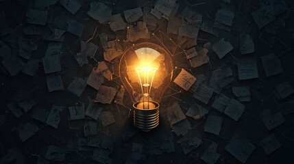 Brainstorming ideas and mind-mapping concepts in a dark environment with a bright light bulb