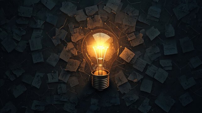 Brainstorming ideas and mind-mapping concepts in a dark environment with a bright light bulb