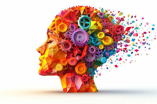 Colorful Mind, Gears & Creativity Exploding, Ideas Flowing Freely, Vividly