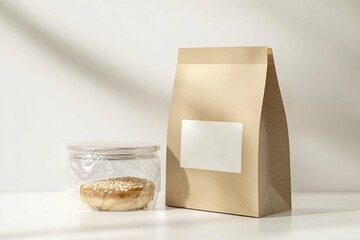 Isolated bakery packaging mockup featuring a chic paper bag, transparent plastic wrap, and sophisticated label design on a minimalist backdrop for impactful branding display.
