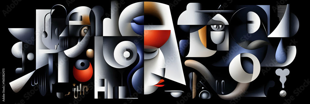 Poster abstract cubist composition, figures intertwine in a symphony of shapes and hues, creating a visuall
