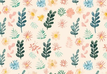 A colorful floral pattern featuring various leaves and flowers on a light background.