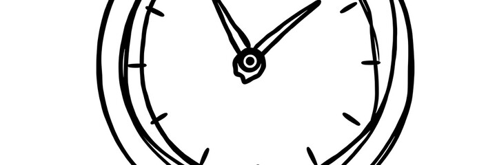 A thick-lined doodle of a clock with visible hour and minute hands, drawn in simple black outlines without any fill color, on a plain white background.

