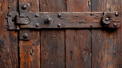 Obraz premium Rustic wooden door with antique metal latch.