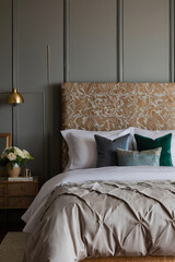Bedroom with Taupe Pleated Duvet, Gold Headboard, and Teal Pillows