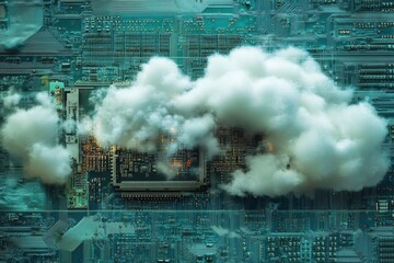 Cloud Computing Technology Represented by a Cloud Formation Over a Circuit Board