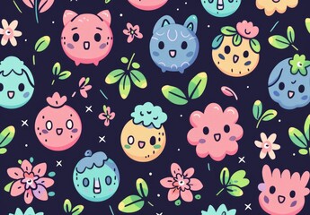A colorful pattern featuring cute, cartoonish characters and flowers on a dark background.