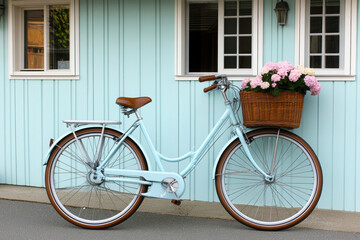 A charming pastel blue bicycle with a wicker basket full of flowers, leaning against a light blue wall, exuding a quaint, vintage vibe.