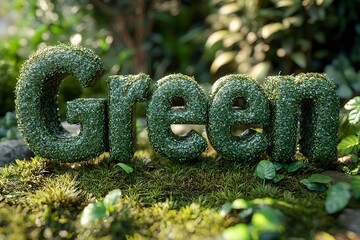3D inflated green letters "Green". Grassy background Soft and rounded letter shapes. 
