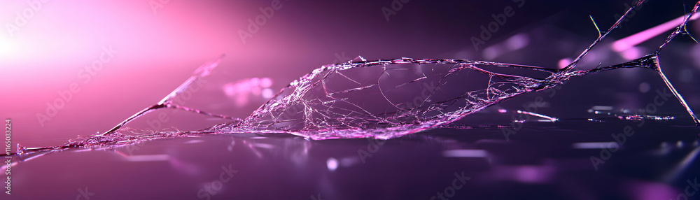 Poster shattered glass, a purple fractal network expands across a reflective surface, displaying intricate 